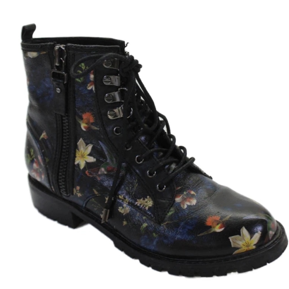 Alice + Olivia EUC Tyrese Leather Combat Boots w/Hummingbirds & Floral Design